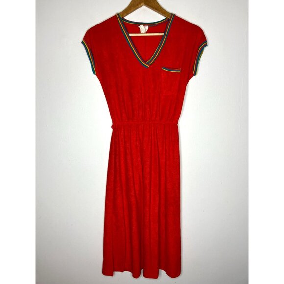 Vintage Dresses & Skirts - Vintage 70s Red Terry Cloth Dress Rainbow Trim Pocket Elastic Waist Womens XS